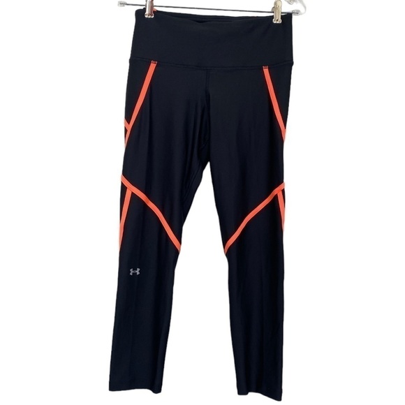 UNDER Armour Black & Orange Workout Running Heat Gear Compression Leggings Large - Picture 1 of 11
